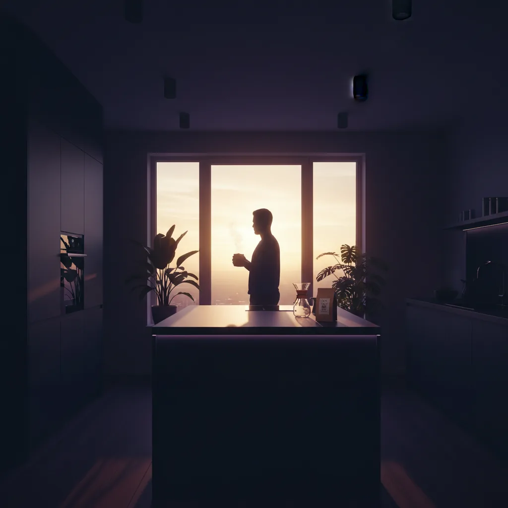 Anonymous silhouette of a person holding a warm mug by a bright morning window, early light